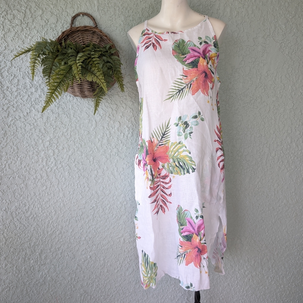 Lungo L'Arno tropical Floral Linen‎ Midi Dress with Pockets Beige Sz L